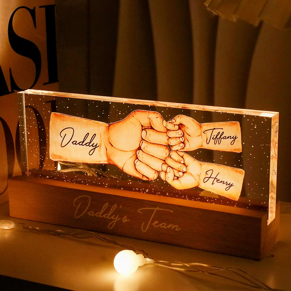 Daddy's Team Fist Bump - Personalized Acrylic LED Night Light - Father's Day Gift For Dad, Grandpa, Husband