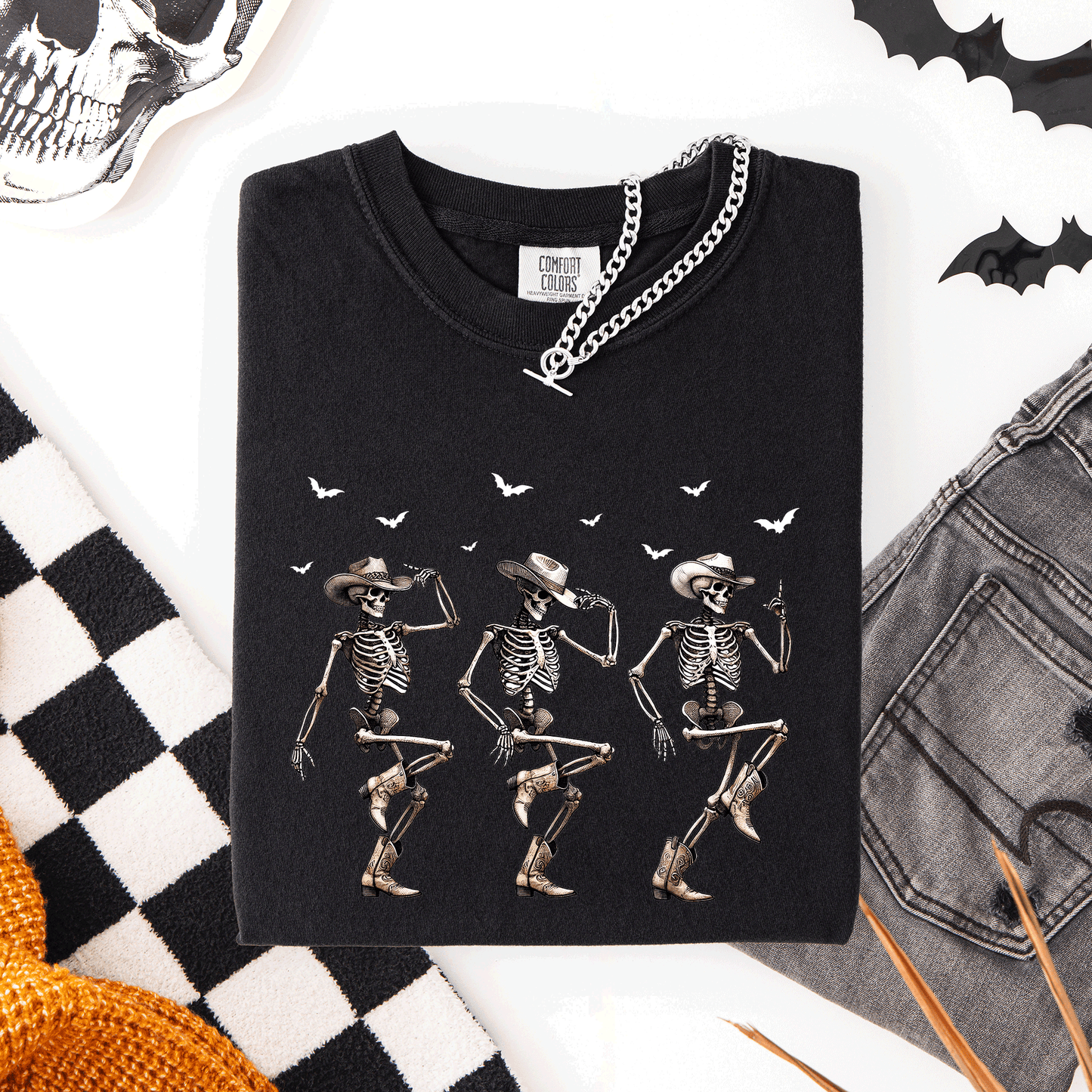 Dancing Cowboy Skeletons, Halloween Bats, Comfort Colors T-Shirt