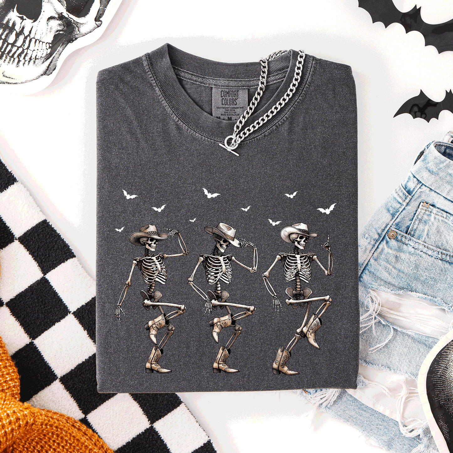 Dancing Cowboy Skeletons, Halloween Bats, Comfort Colors T-Shirt
