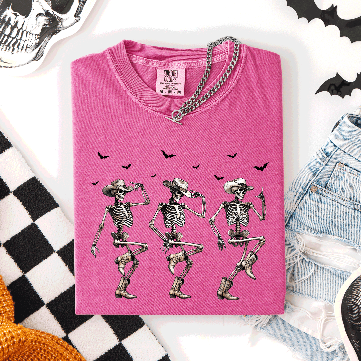 Dancing Cowboy Skeletons, Halloween Bats, Comfort Colors T-Shirt
