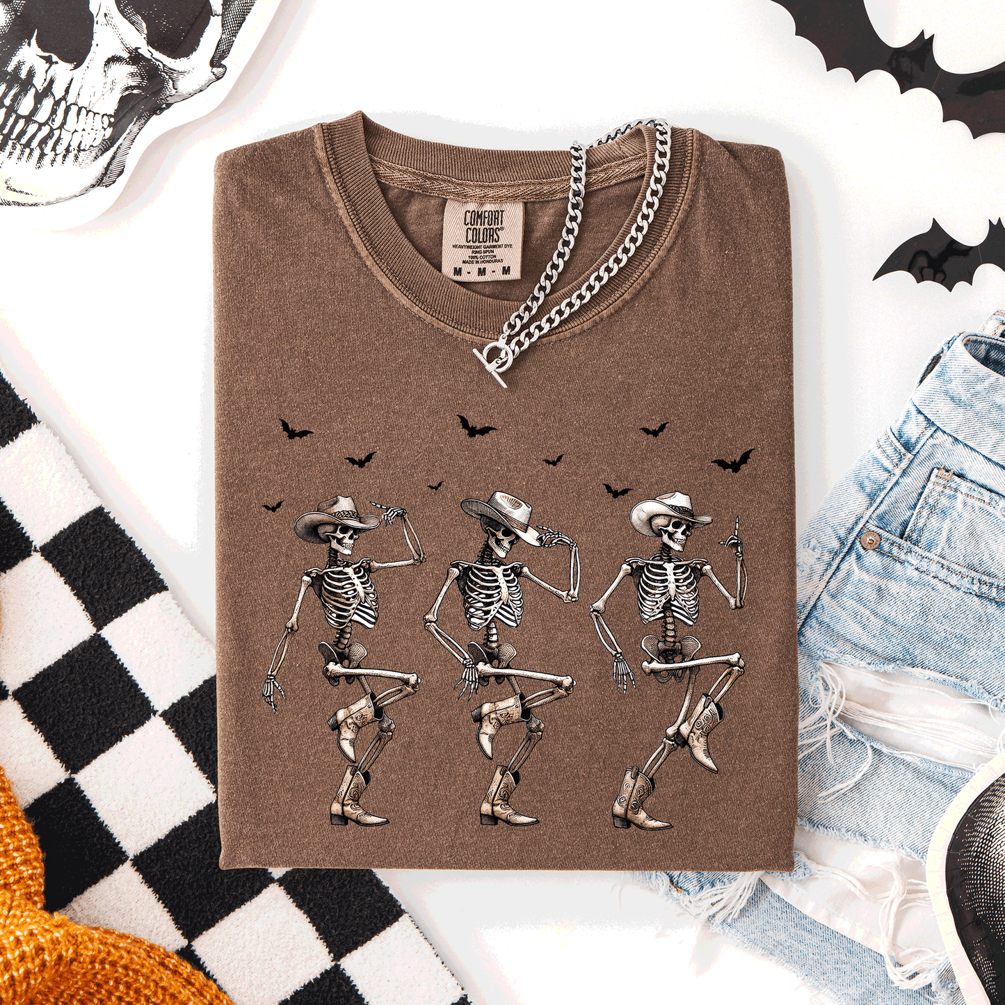 Dancing Cowboy Skeletons, Halloween Bats, Comfort Colors T-Shirt