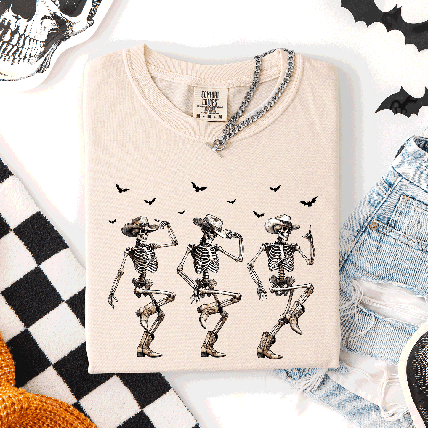 Dancing Cowboy Skeletons, Halloween Bats, Comfort Colors T-Shirt