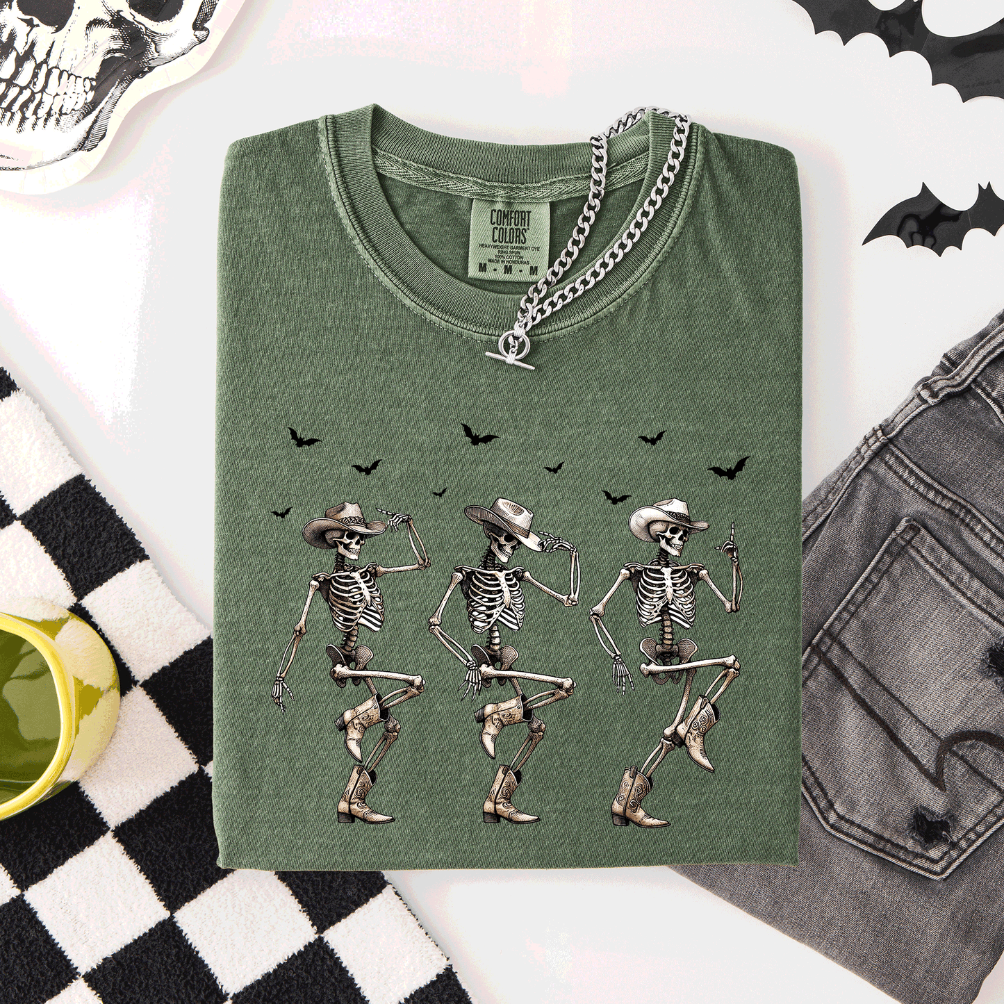Dancing Cowboy Skeletons, Halloween Bats, Comfort Colors T-Shirt