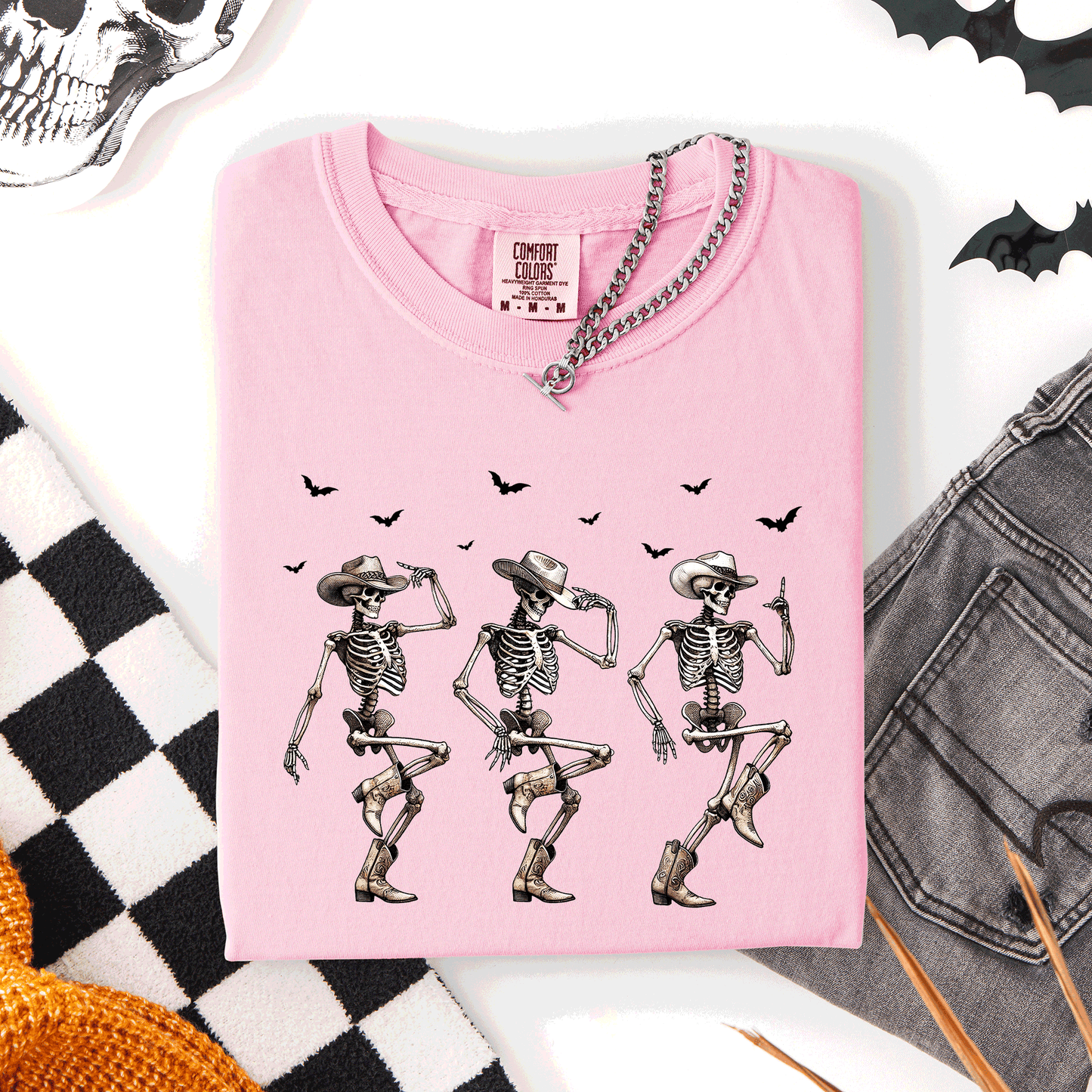 Dancing Cowboy Skeletons, Halloween Bats, Comfort Colors T-Shirt