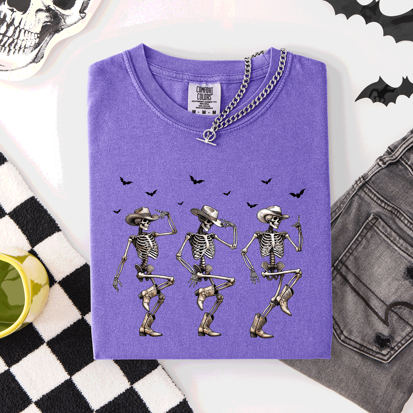 Dancing Cowboy Skeletons, Halloween Bats, Comfort Colors T-Shirt