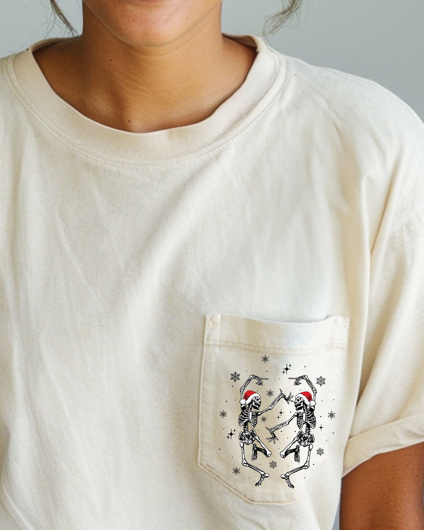 Dancing Skeletons, Pocket, Christmas, Santa, Snow, Winter, Xmas Pocket Tee Comfort Colors T-Shirt