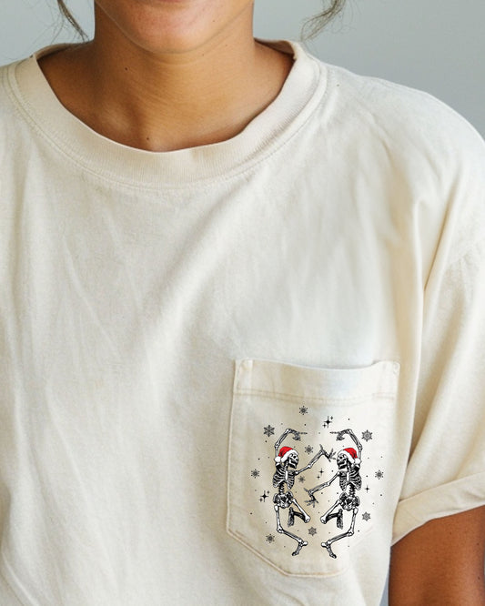 Dancing Skeletons, Pocket, Christmas, Santa, Snow, Winter, Xmas Pocket Tee Comfort Colors T-Shirt