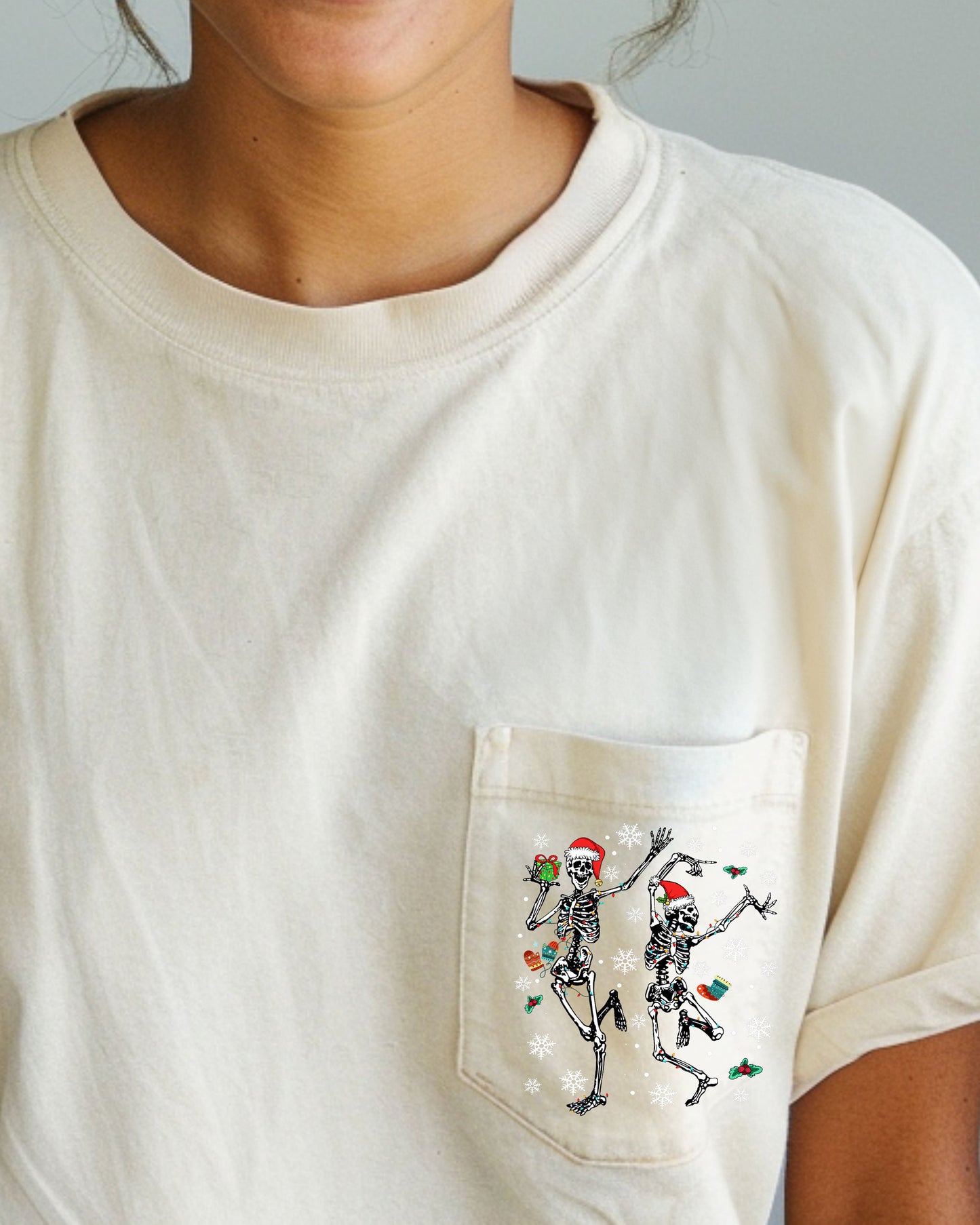 Dancing Skeletons, Pocket, Presents, Snow, Christmas, Santa, Winter, Xmas Pocket Tee Comfort Colors T-Shirt
