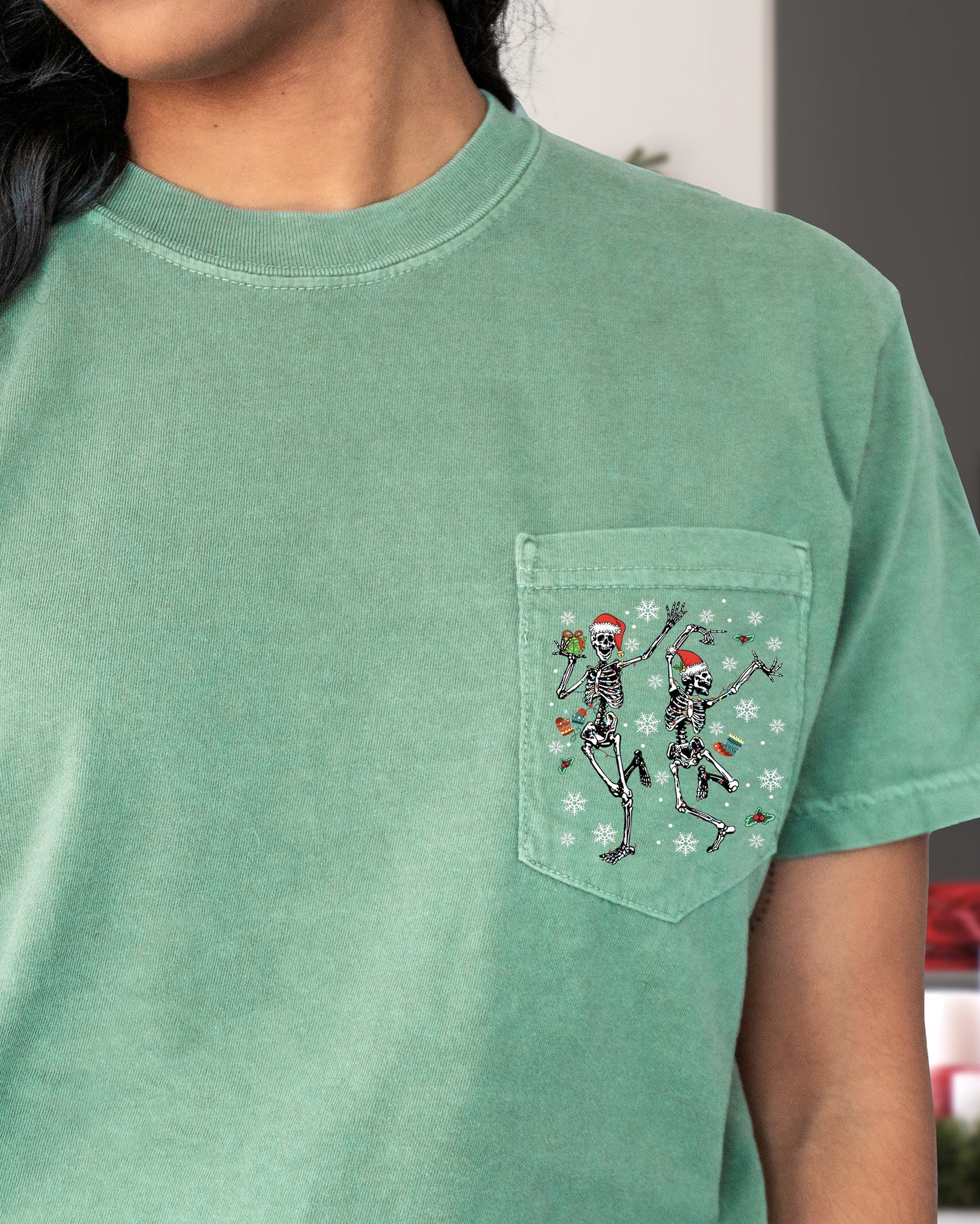 Dancing Skeletons, Pocket, Presents, Snow, Christmas, Santa, Winter, Xmas Pocket Tee Comfort Colors T-Shirt