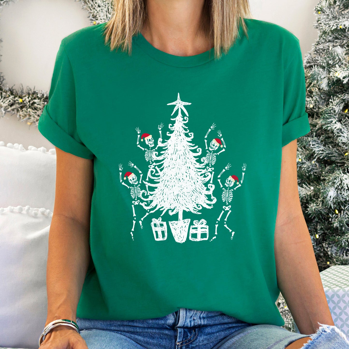 Dancing Skeletons, Santa Hats, Christmas White Super Soft Tshirt