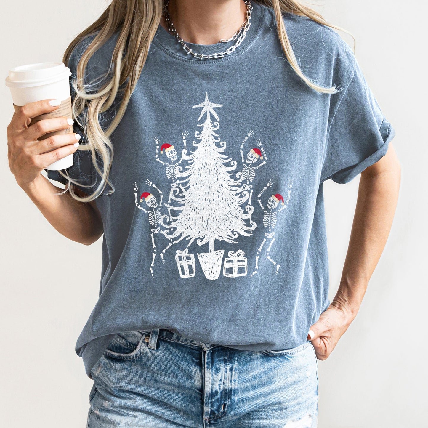 Dancing Skeletons, Santa Hats, Christmas Comfort Colors Tshirt
