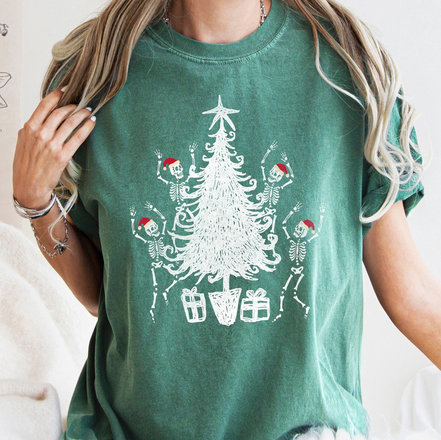 Dancing Skeletons, Santa Hats, Christmas Comfort Colors Tshirt