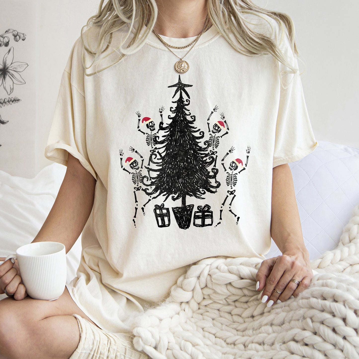 Dancing Skeletons, Santa Hats, Christmas Comfort Colors Tshirt