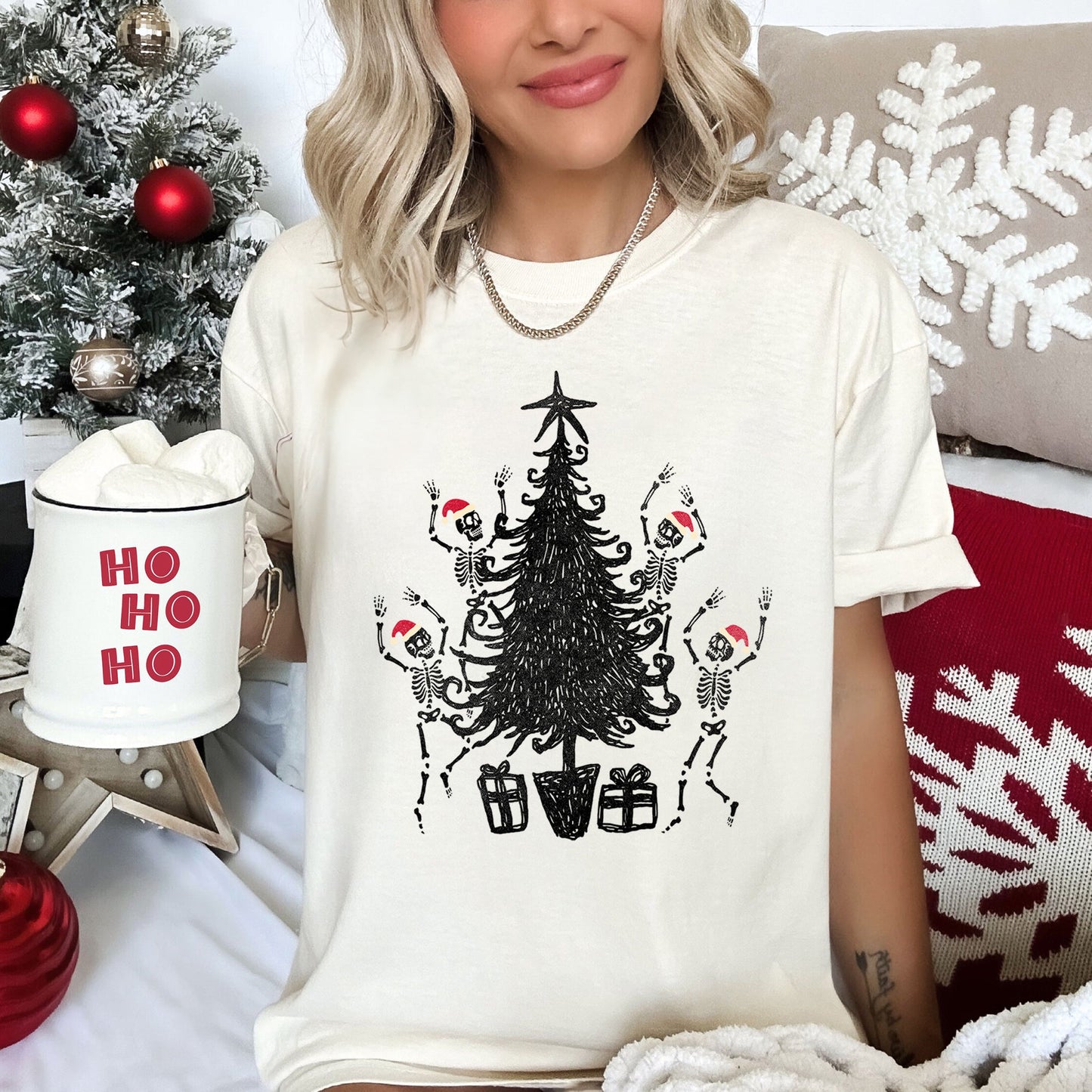 Dancing Skeletons, Santa Hats, Christmas Comfort Colors Tshirt