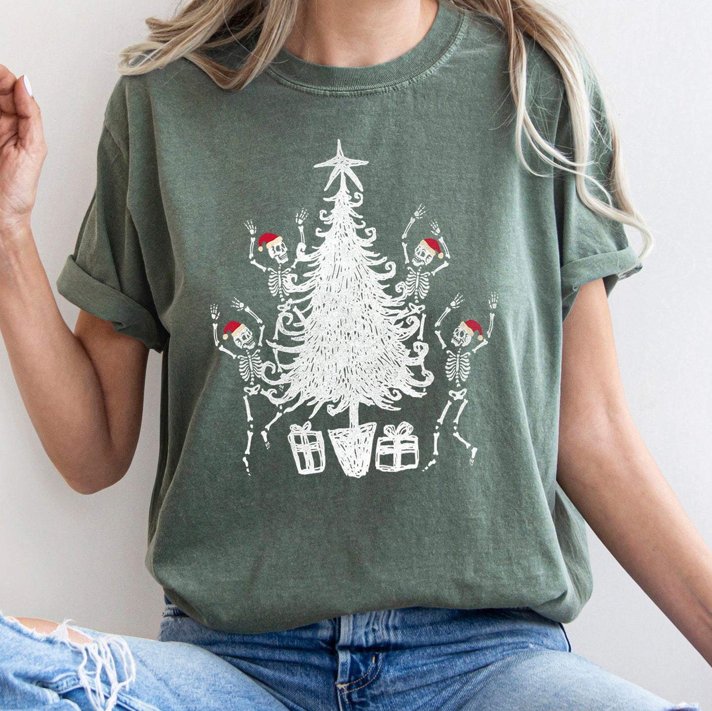 Dancing Skeletons, Santa Hats, Christmas Comfort Colors Tshirt