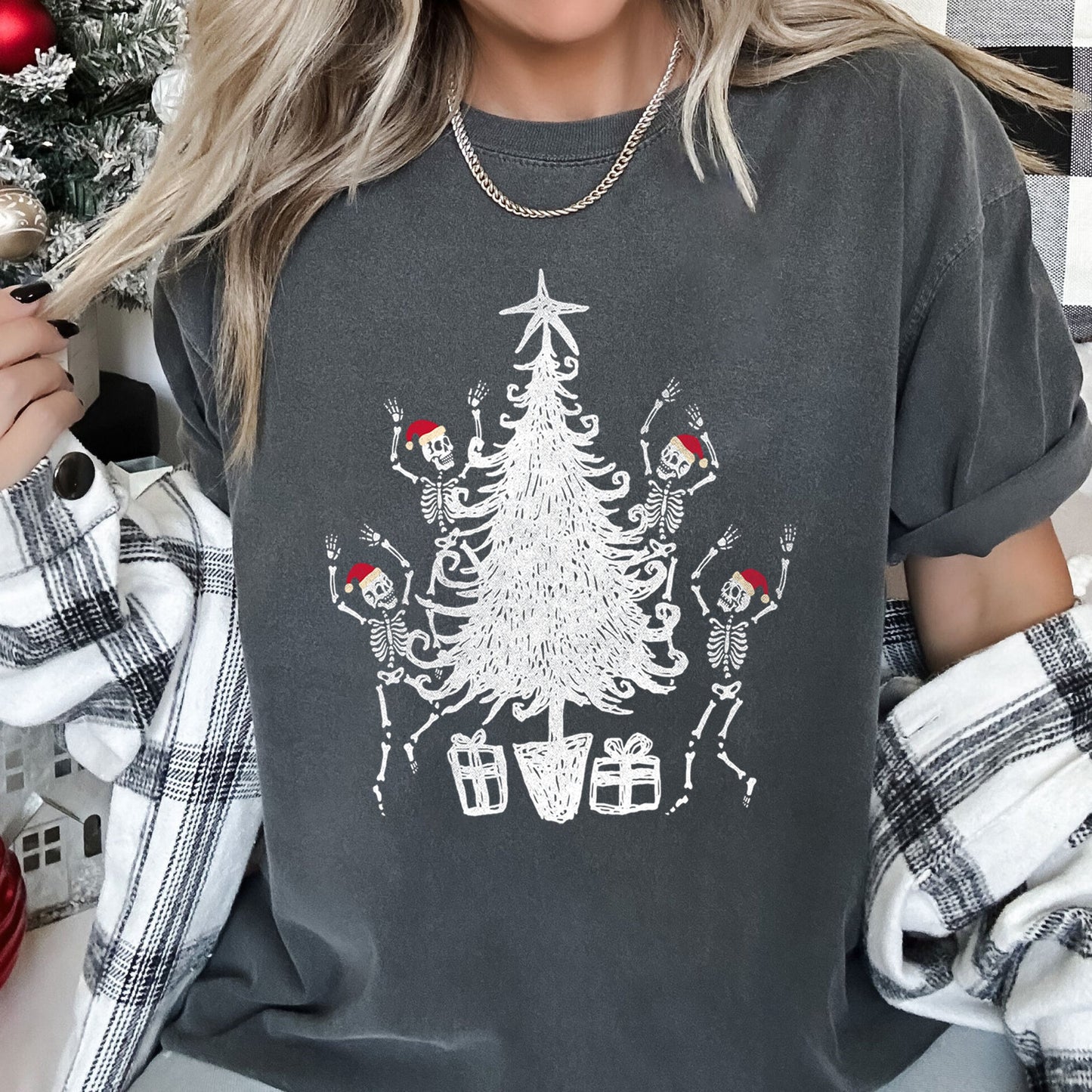 Dancing Skeletons, Santa Hats, Christmas Comfort Colors Tshirt