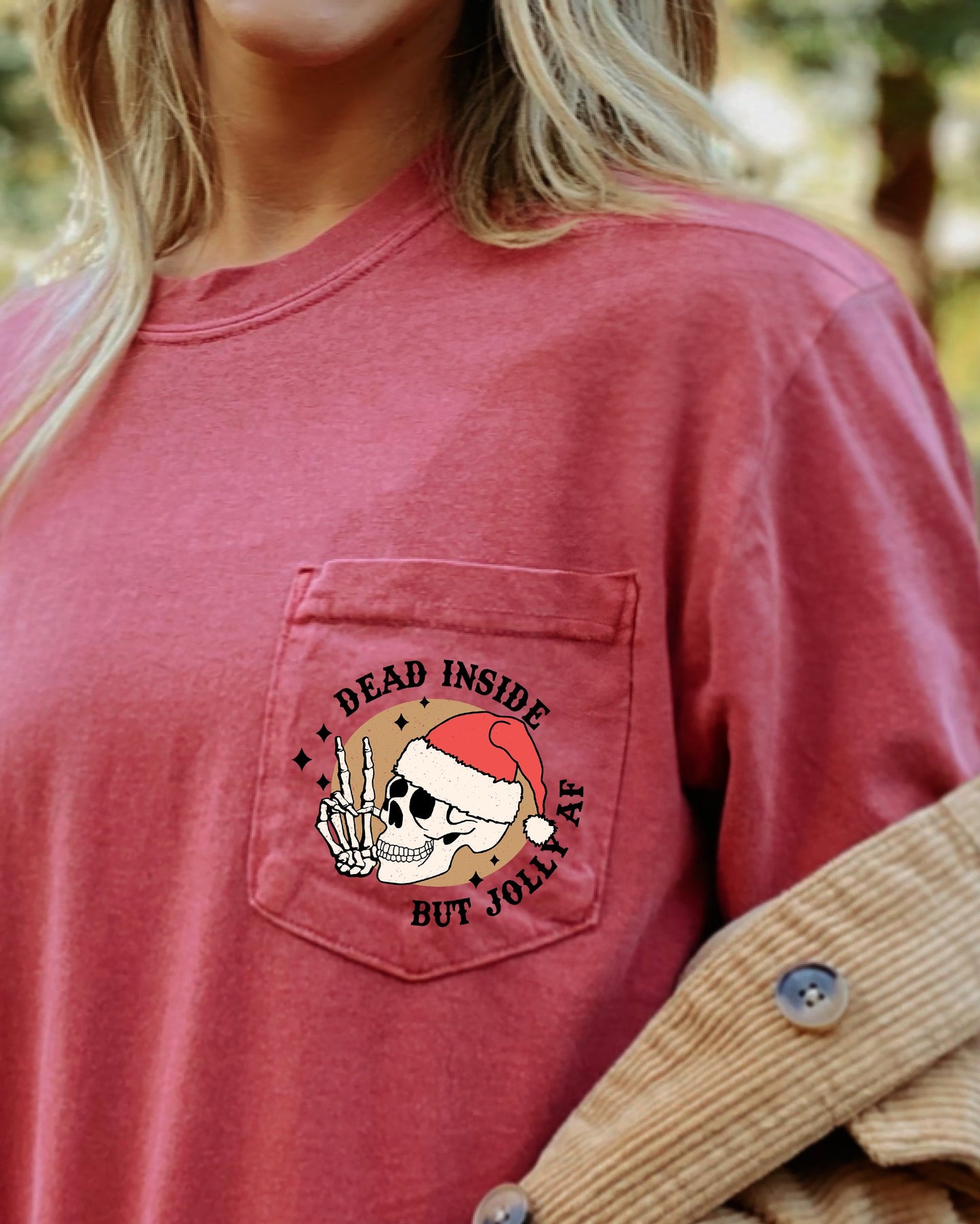 Dead Inside But Jolly , Pocket, Skeleton, Christmas, Santa, Snow, Winter, Xmas Pocket Tee Comfort Colors T-Shirt