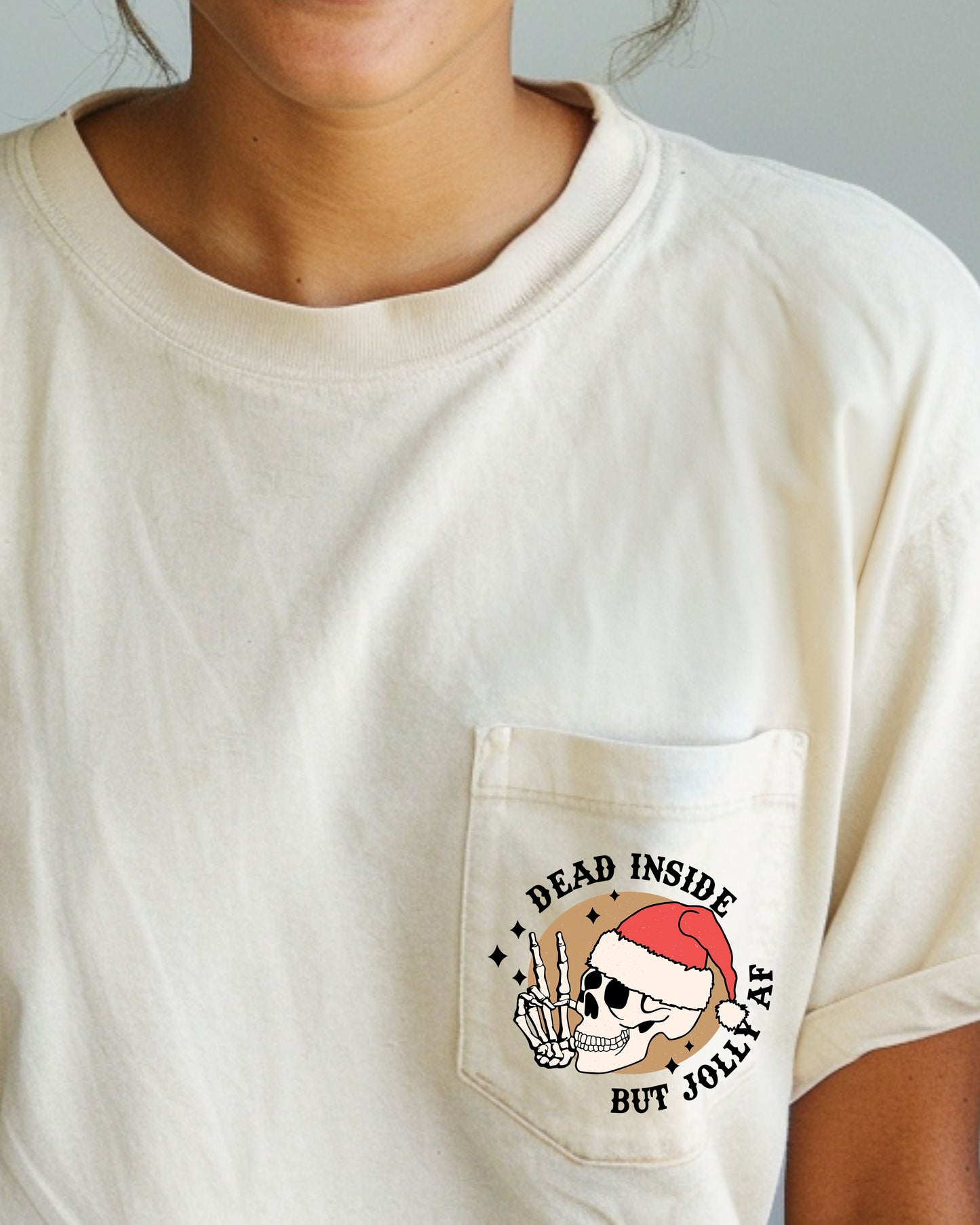Dead Inside But Jolly , Pocket, Skeleton, Christmas, Santa, Snow, Winter, Xmas Pocket Tee Comfort Colors T-Shirt