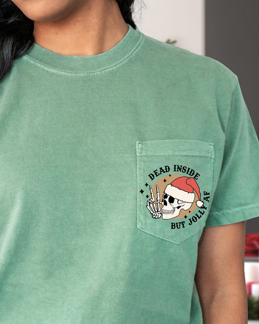 Dead Inside But Jolly , Pocket, Skeleton, Christmas, Santa, Snow, Winter, Xmas Pocket Tee Comfort Colors T-Shirt