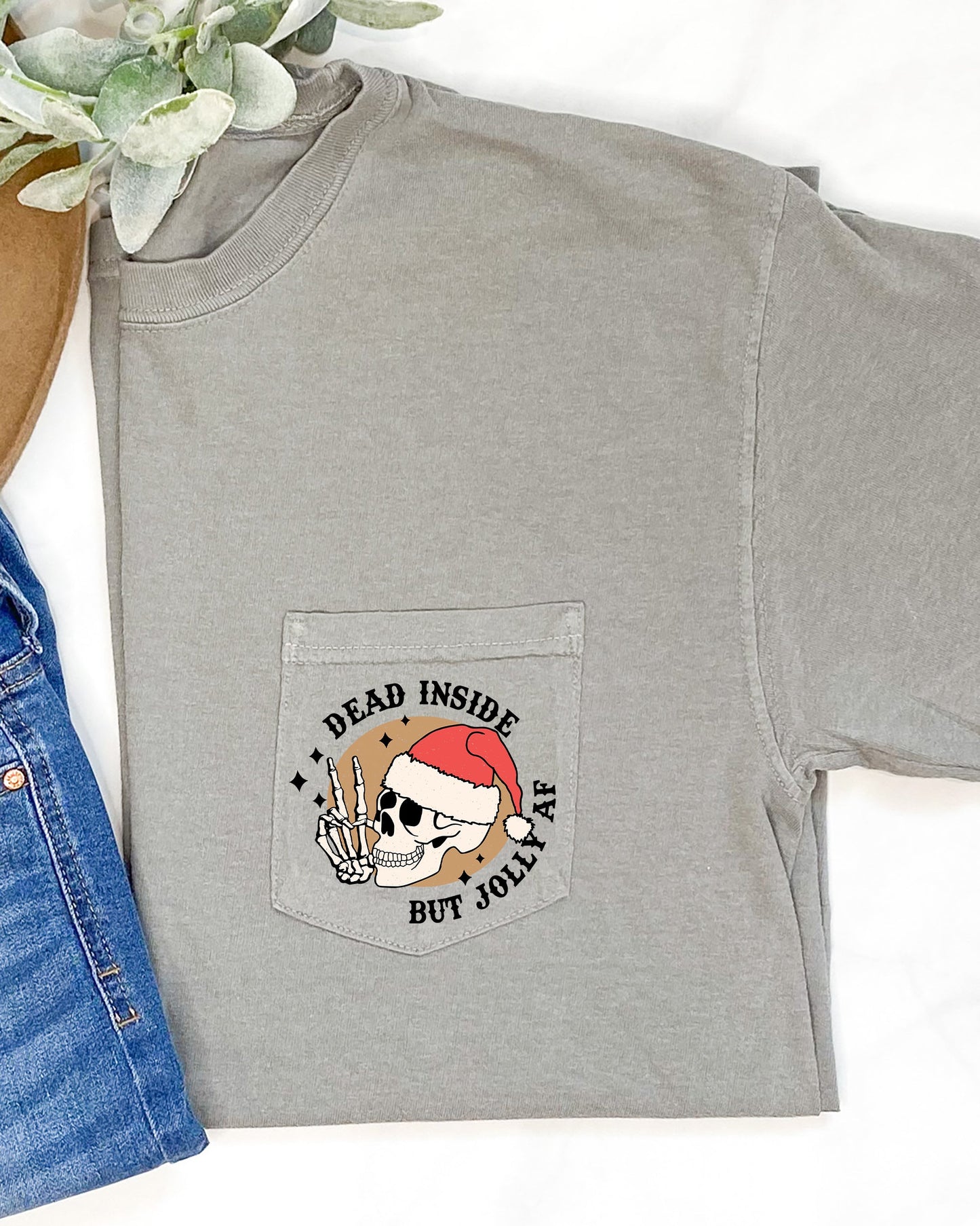 Dead Inside But Jolly , Pocket, Skeleton, Christmas, Santa, Snow, Winter, Xmas Pocket Tee Comfort Colors T-Shirt