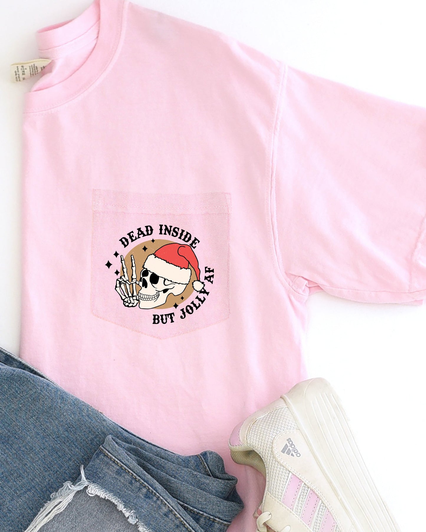 Dead Inside But Jolly , Pocket, Skeleton, Christmas, Santa, Snow, Winter, Xmas Pocket Tee Comfort Colors T-Shirt