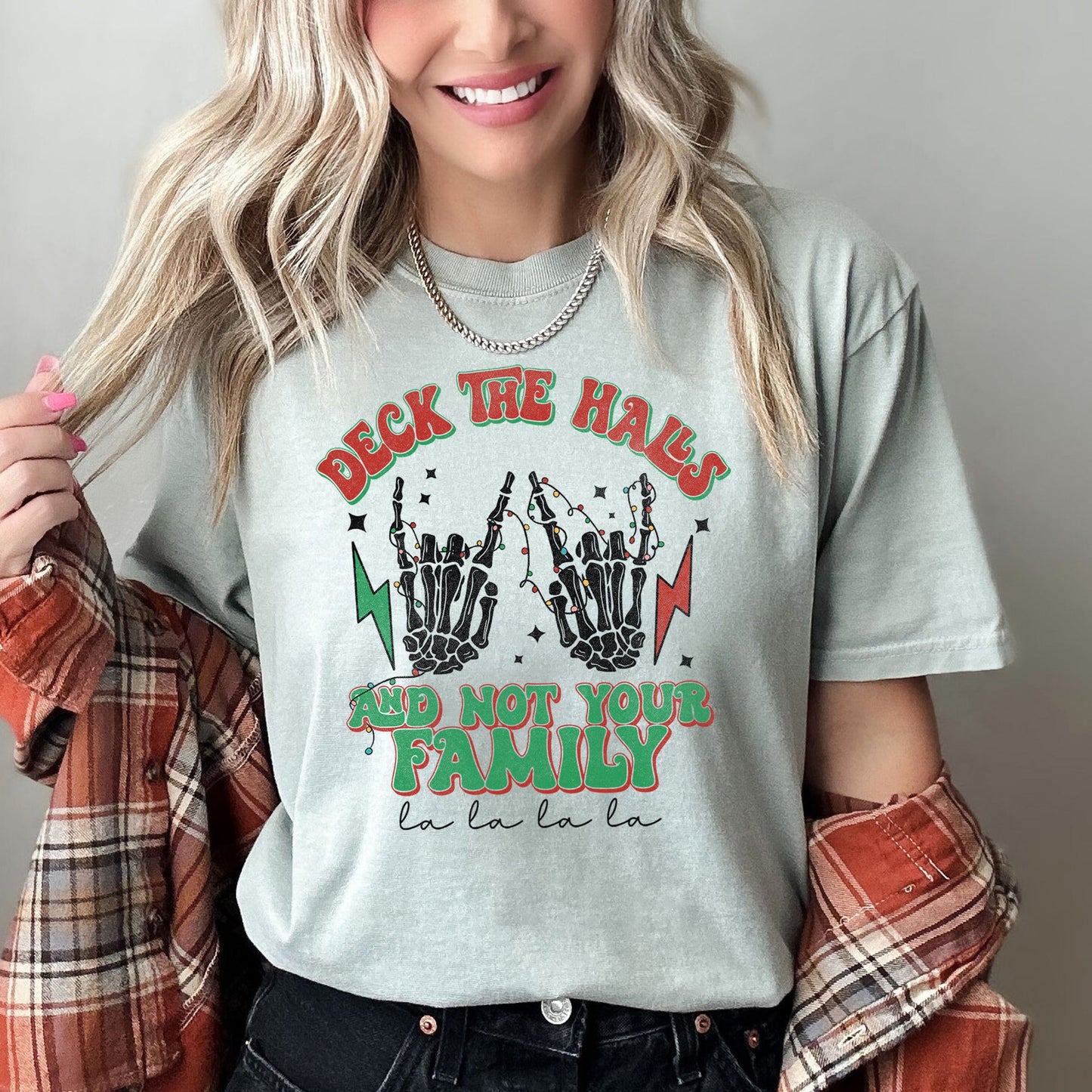 Deck The Halls And Not Your Family, Fa La La, Retro, Christmas, Skeleton, Rock Comfort Colors Tshirt