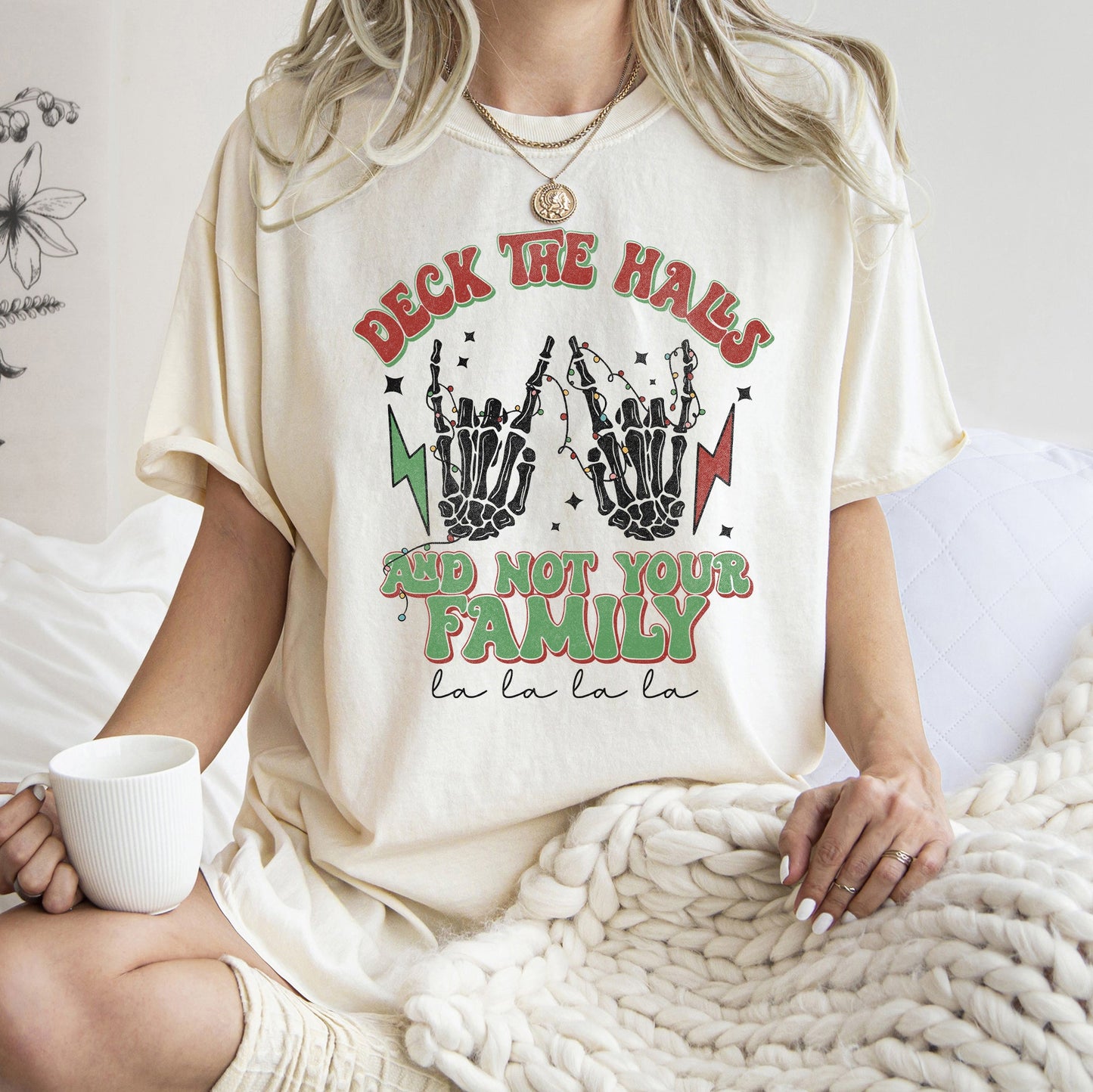 Deck The Halls And Not Your Family, Fa La La, Retro, Christmas, Skeleton, Rock Comfort Colors Tshirt