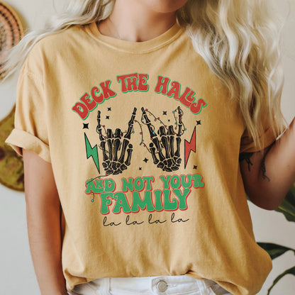 Deck The Halls And Not Your Family, Fa La La, Retro, Christmas, Skeleton, Rock Comfort Colors Tshirt
