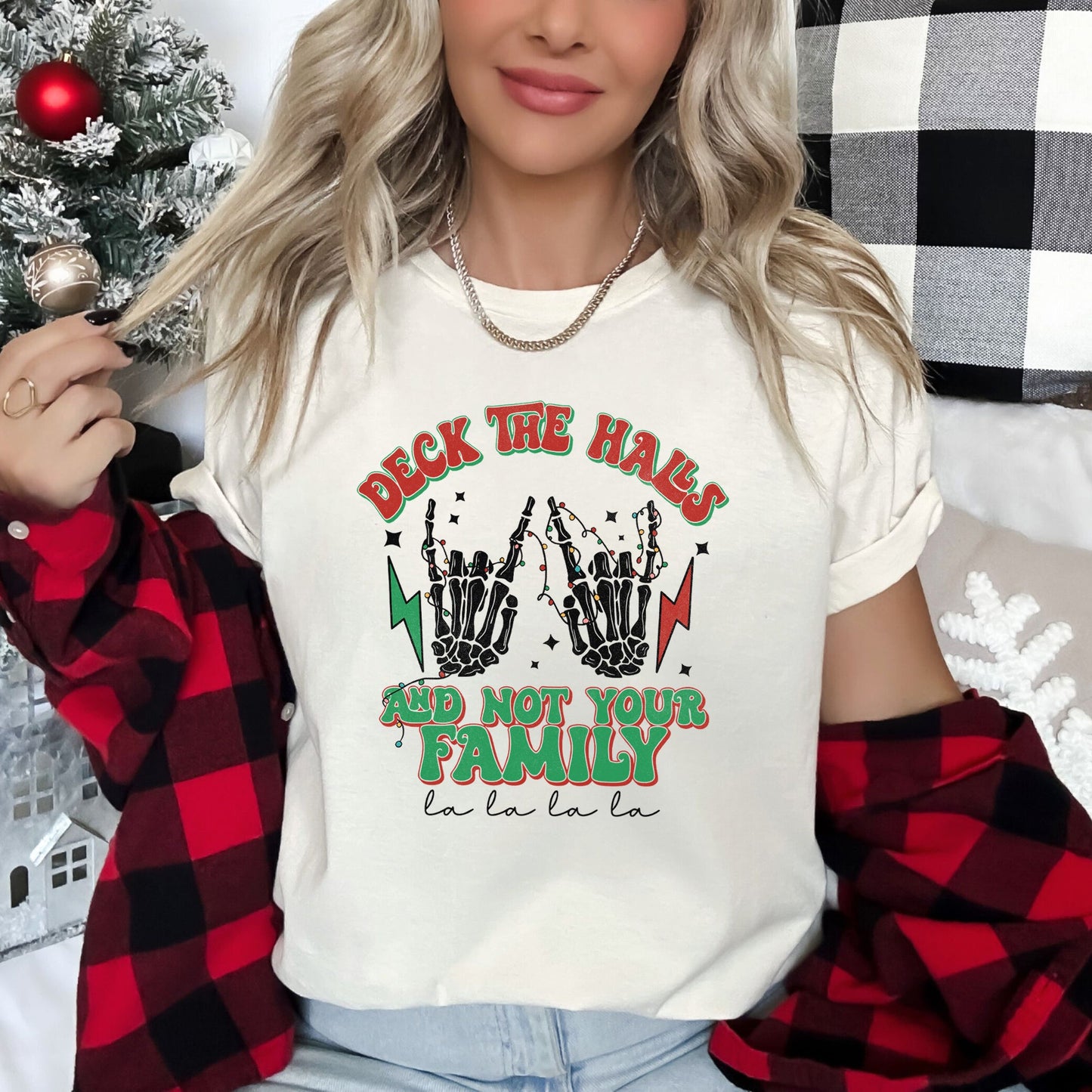 Deck The Halls And Not Your Family, Fa La La, Retro, Christmas, Skeleton, Rock Super Soft Tees
