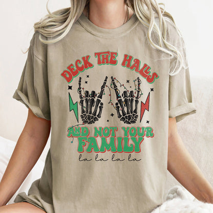 Deck The Halls And Not Your Family, Fa La La, Retro, Christmas, Skeleton, Rock Comfort Colors Tshirt