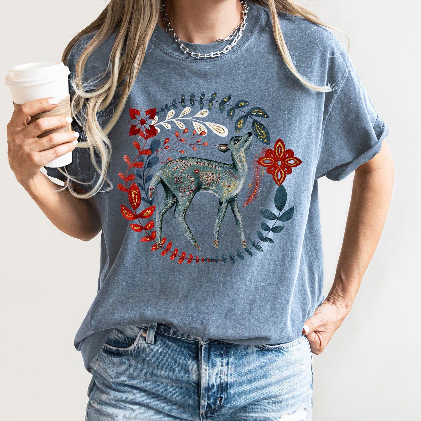 Deer, Folk Art, Scandinavian, Winter, Christmas Comfort Colors Tshirt