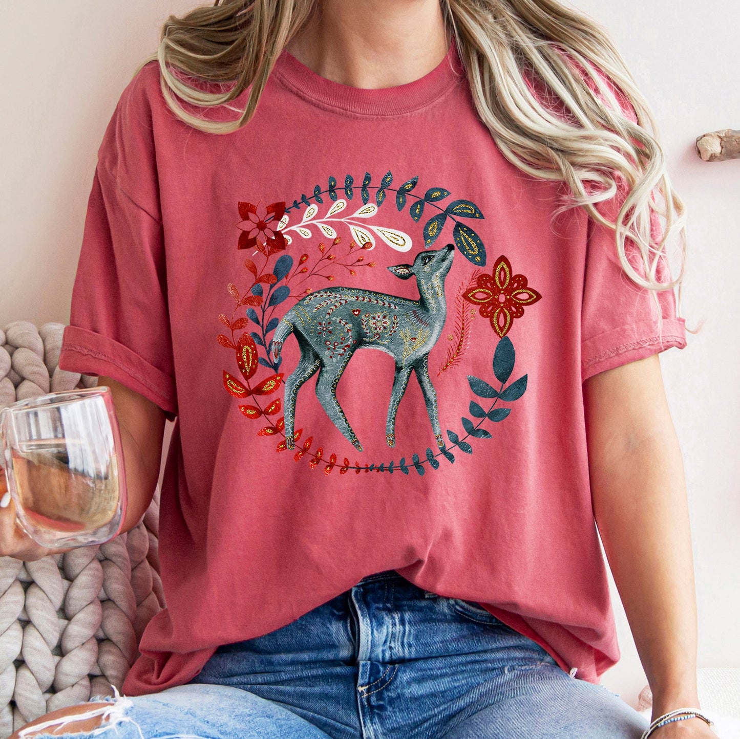 Deer, Folk Art, Scandinavian, Winter, Christmas Comfort Colors Tshirt