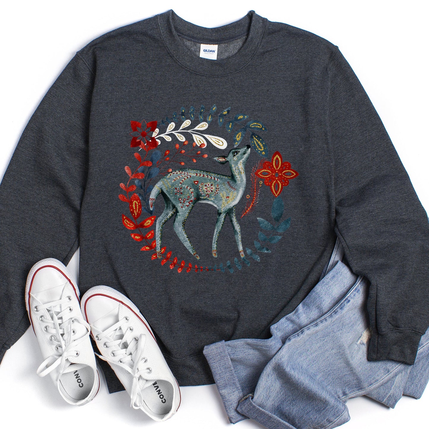 Deer Folk Art Scandinavian Christmas Sweatshirt
