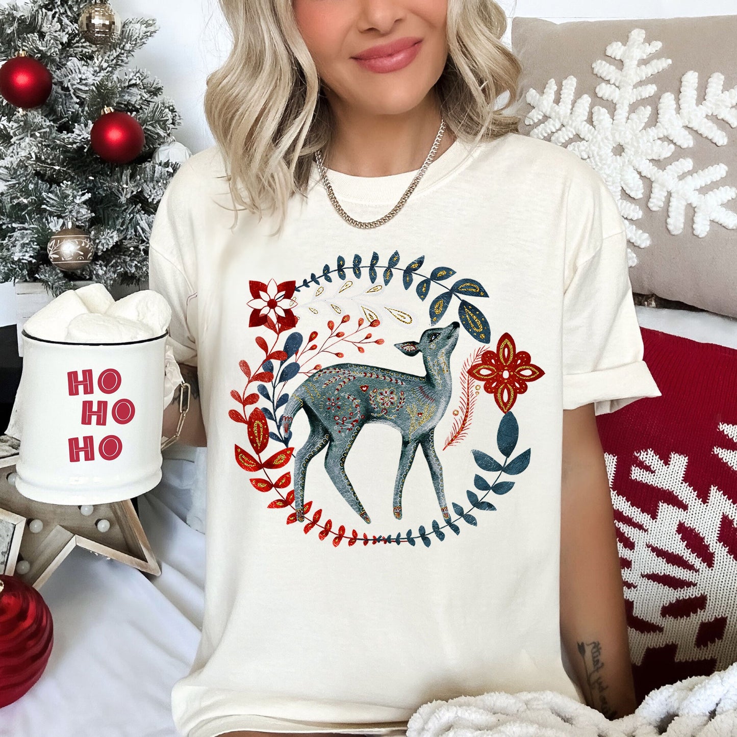 Deer, Folk Art, Scandinavian, Winter, Christmas Comfort Colors Tshirt