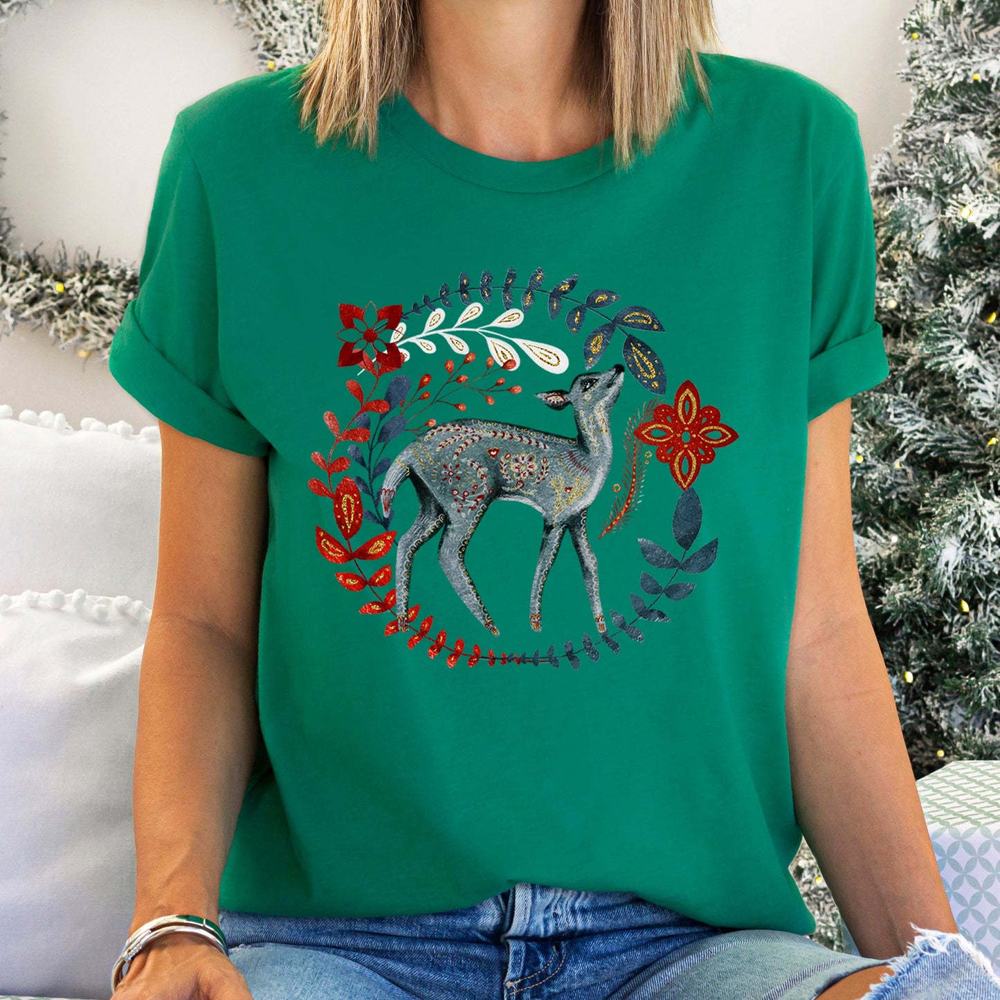 Deer, Folk Art, Scandinavian, Winter, Christmas Super Soft Tees