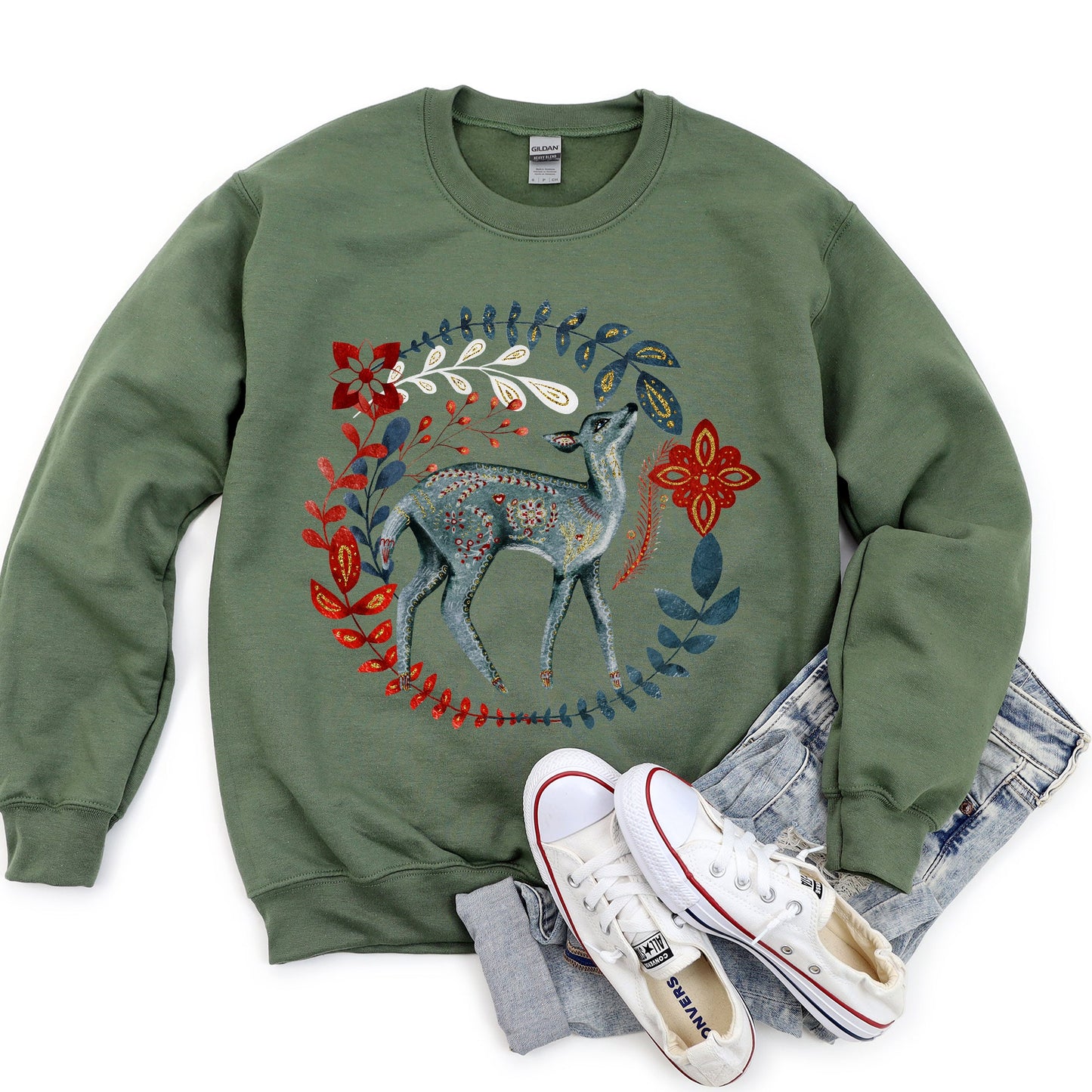 Deer Folk Art Scandinavian Christmas Sweatshirt