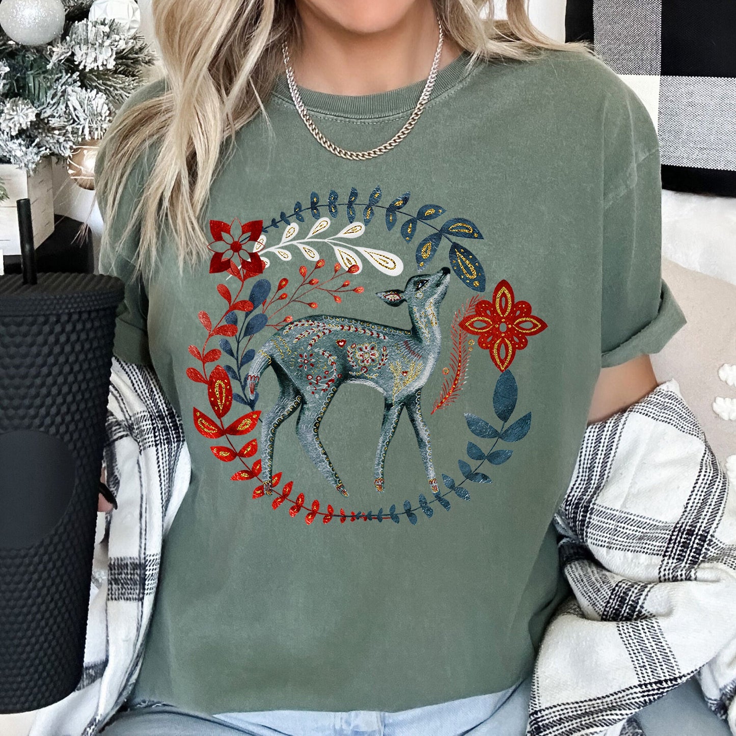 Deer, Folk Art, Scandinavian, Winter, Christmas Comfort Colors Tshirt