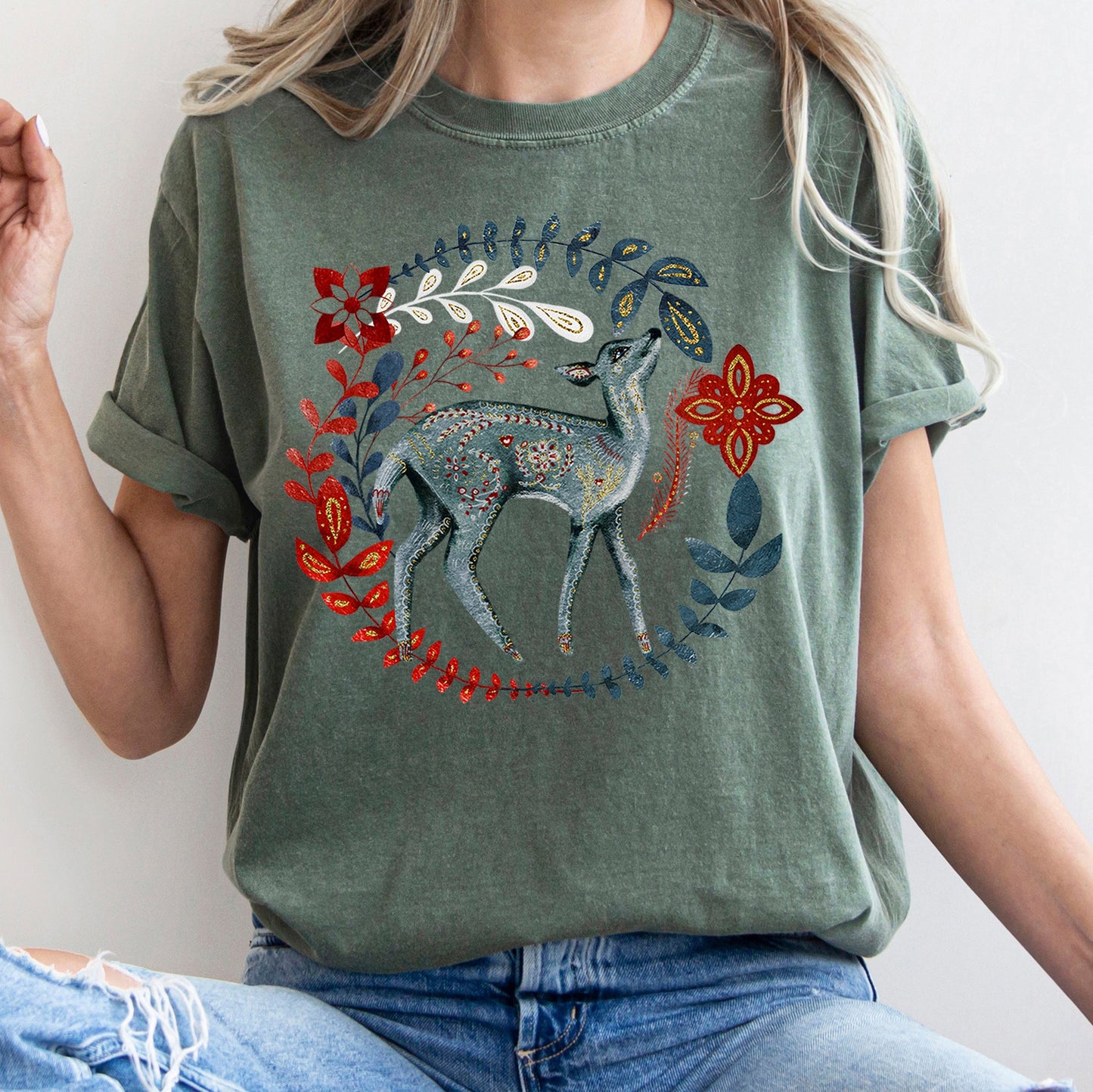 Deer, Folk Art, Scandinavian, Winter, Christmas Comfort Colors Tshirt