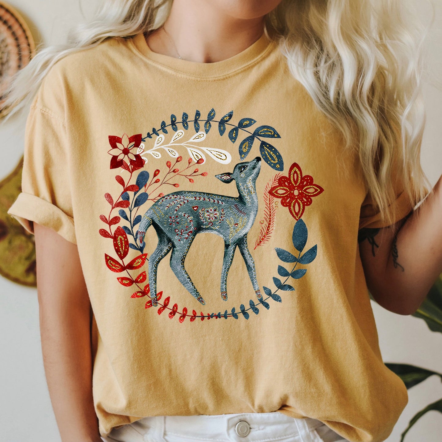 Deer, Folk Art, Scandinavian, Winter, Christmas Comfort Colors Tshirt