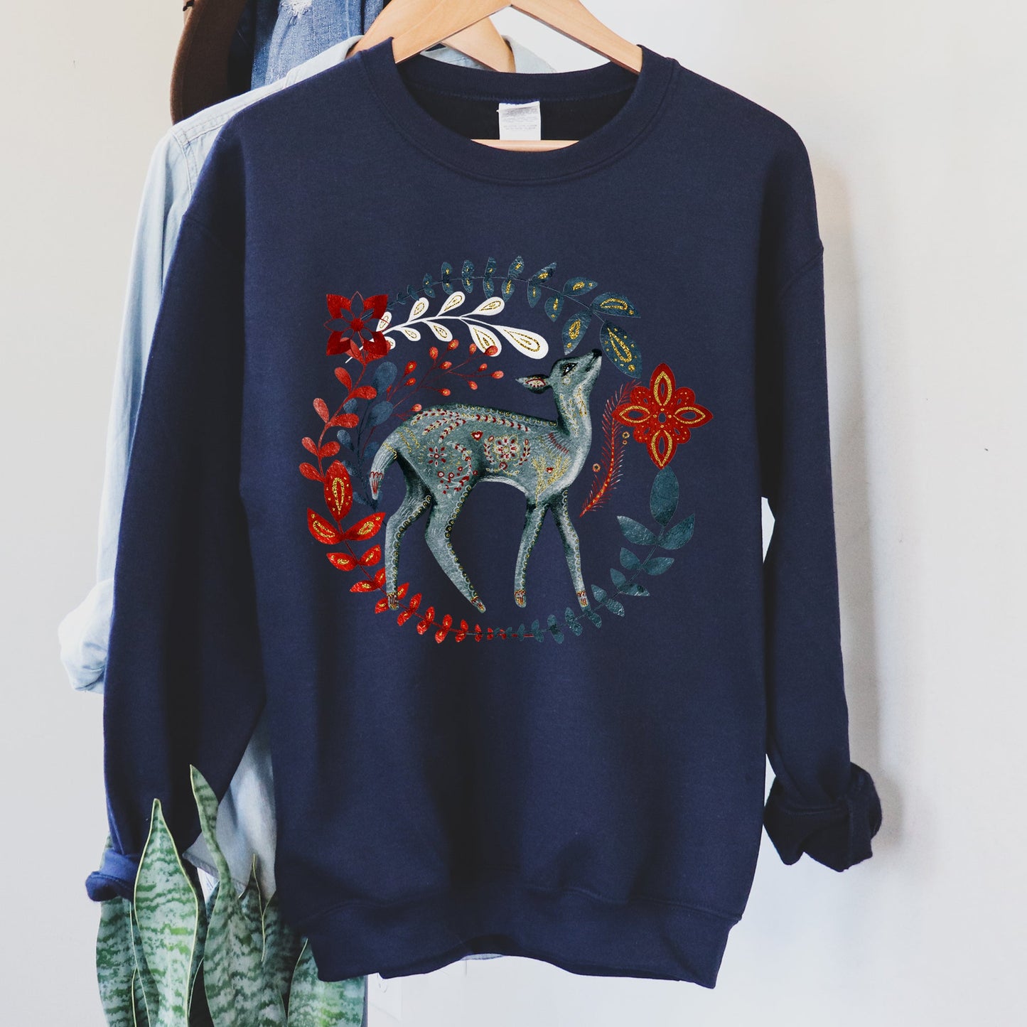 Deer Folk Art Scandinavian Christmas Sweatshirt
