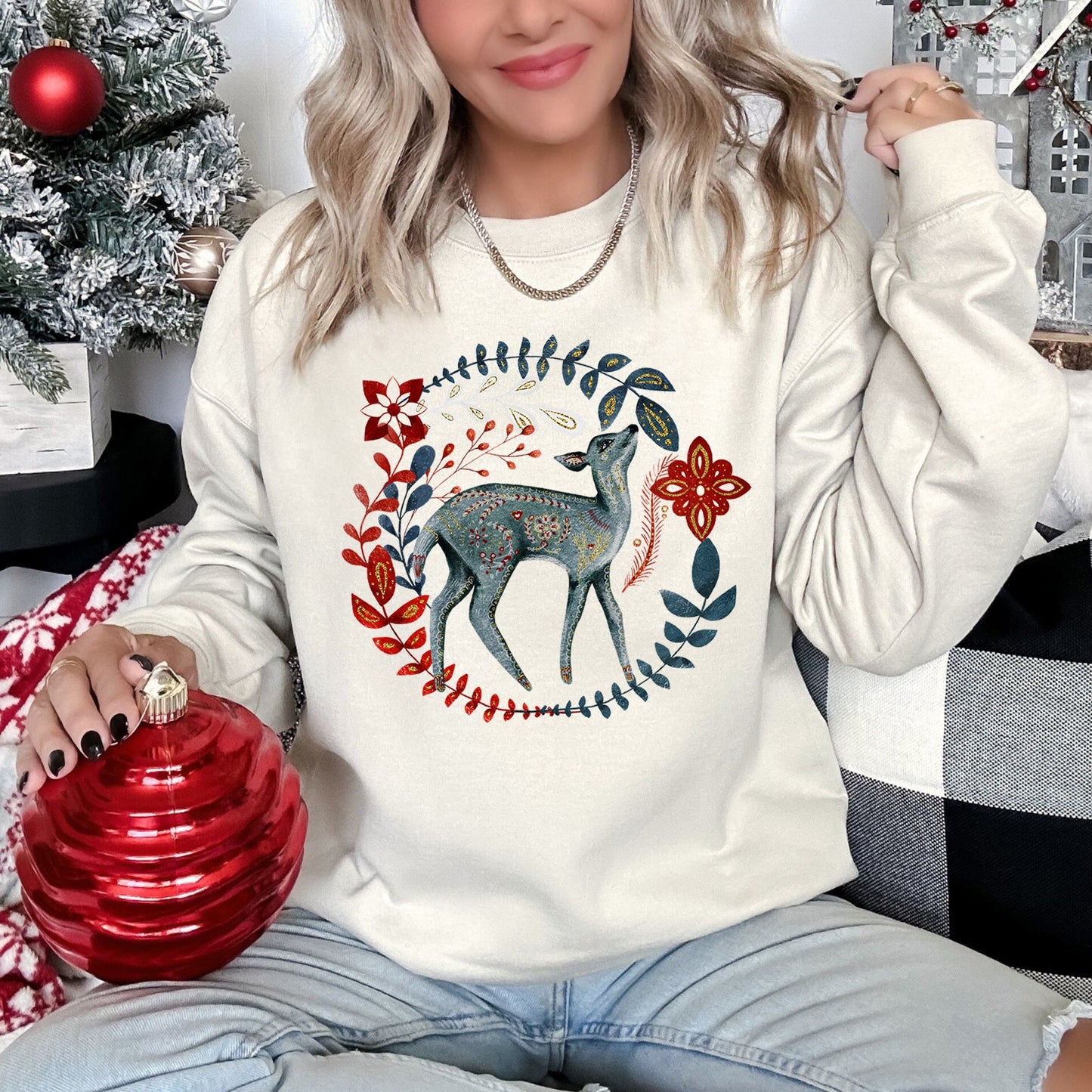 Deer Folk Art Scandinavian Christmas Sweatshirt
