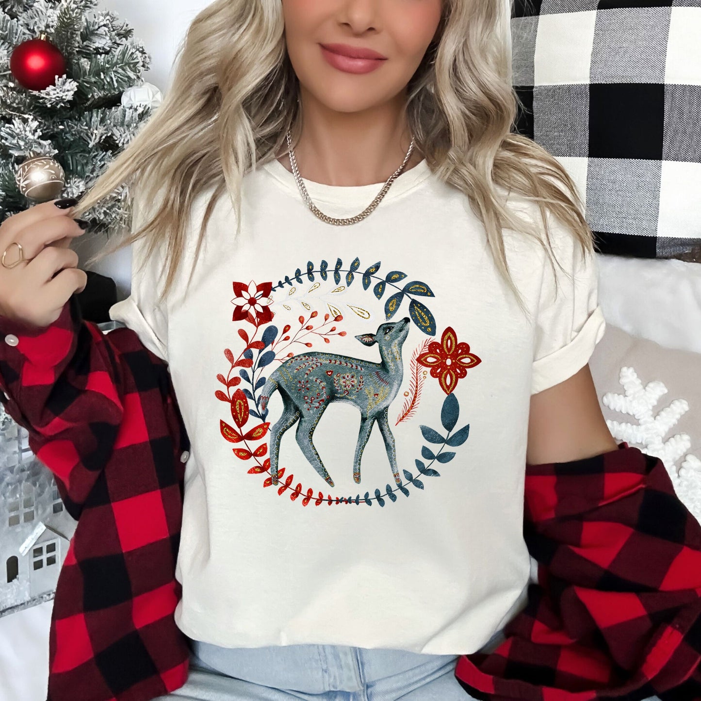 Deer, Folk Art, Scandinavian, Winter, Christmas Super Soft Tees
