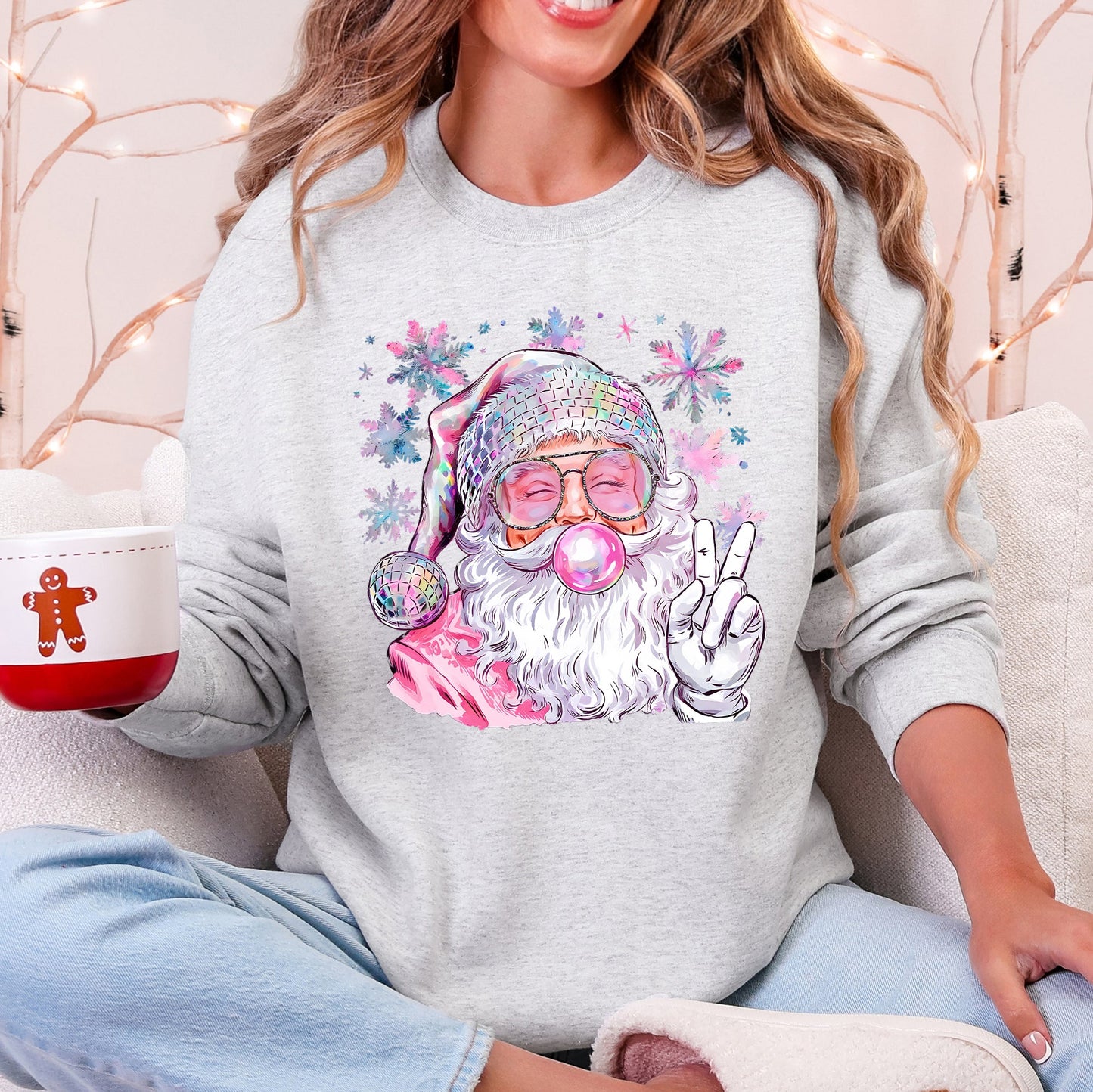 Disco Santa, Bubble Gum, Christmas, Pink, Snowflakes, Cute Sweatshirt