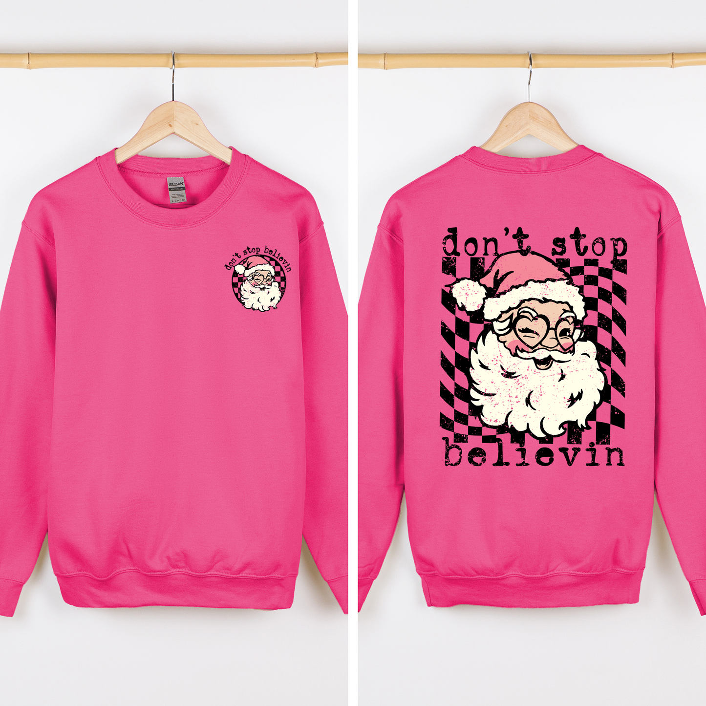 Don't Stop Believin, Santa, Christmas, Checkered, Vintage, Cute, Front and Back Sweatshirt