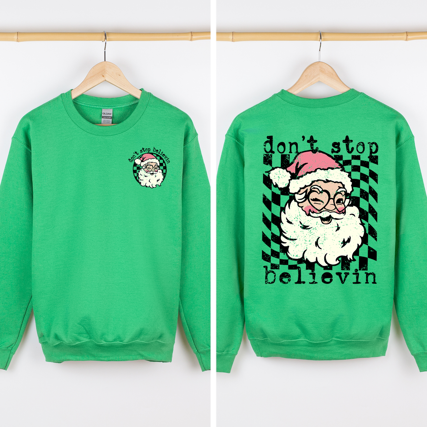 Don't Stop Believin, Santa, Christmas, Checkered, Vintage, Cute, Front and Back Sweatshirt