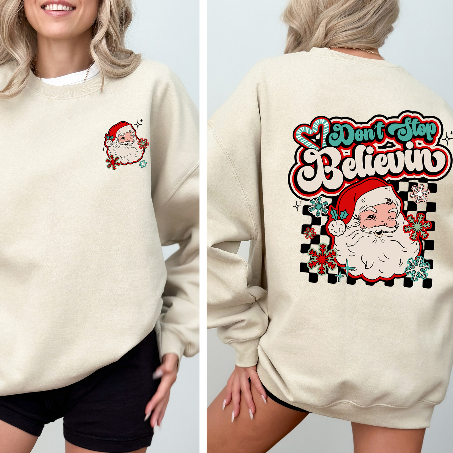 Don't Stop Believin, Santa, Retro, Checkered, Christmas, Front and Back Sweatshirt