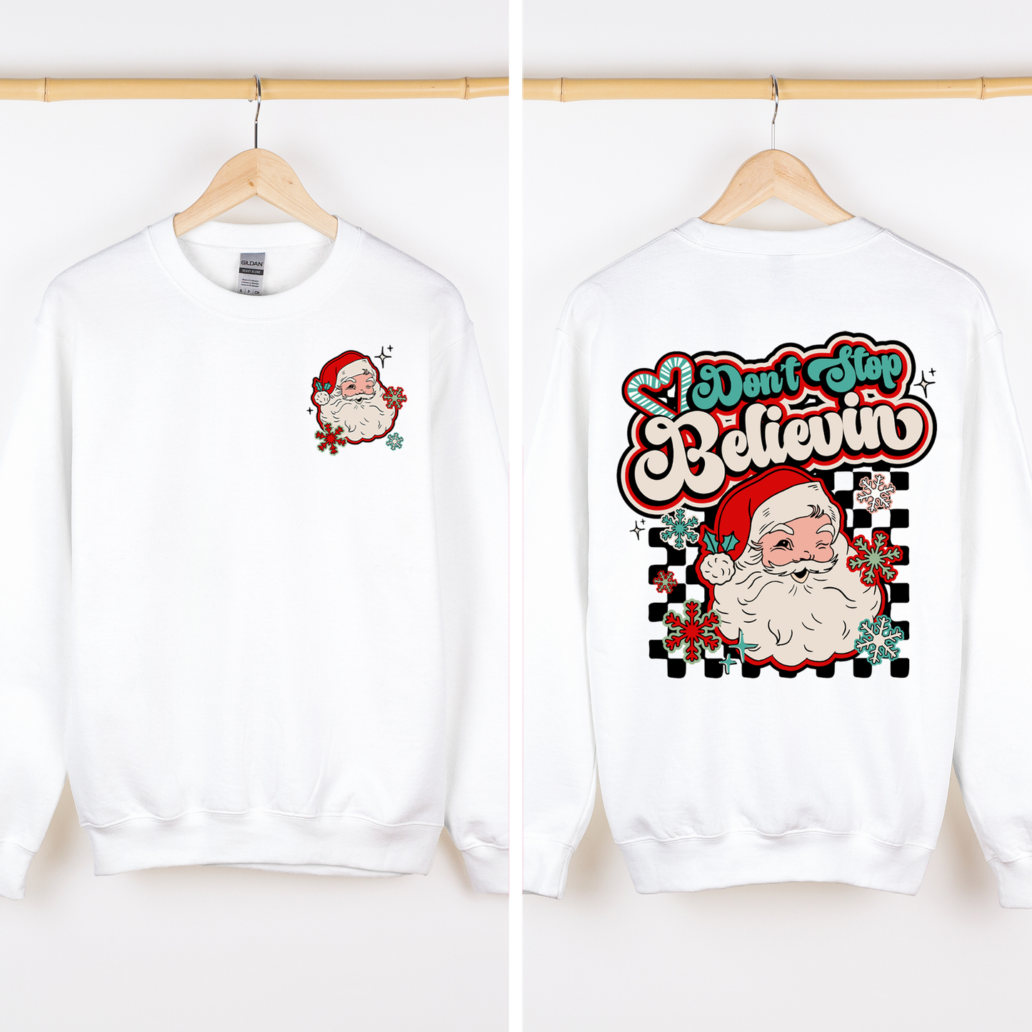 Don't Stop Believin, Santa, Retro, Checkered, Christmas, Front and Back Sweatshirt