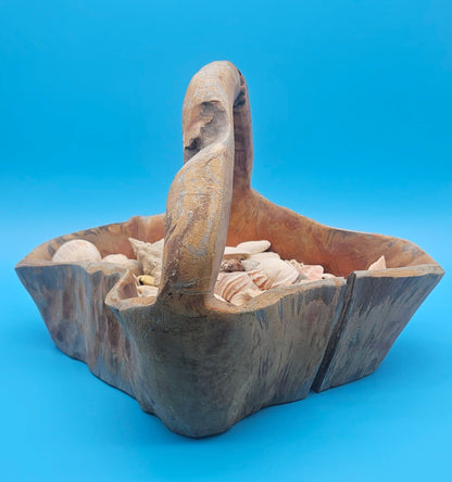 Wooden Basket with Seashells – Natural Coastal Décor Collectible Display Piece