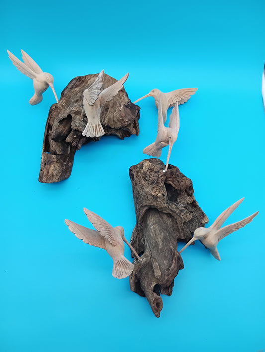 Driftwood Wall Art with Hand-Carved Hummingbirds