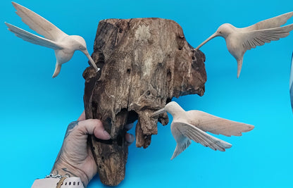 Driftwood Wall Art with Hand-Carved Hummingbirds